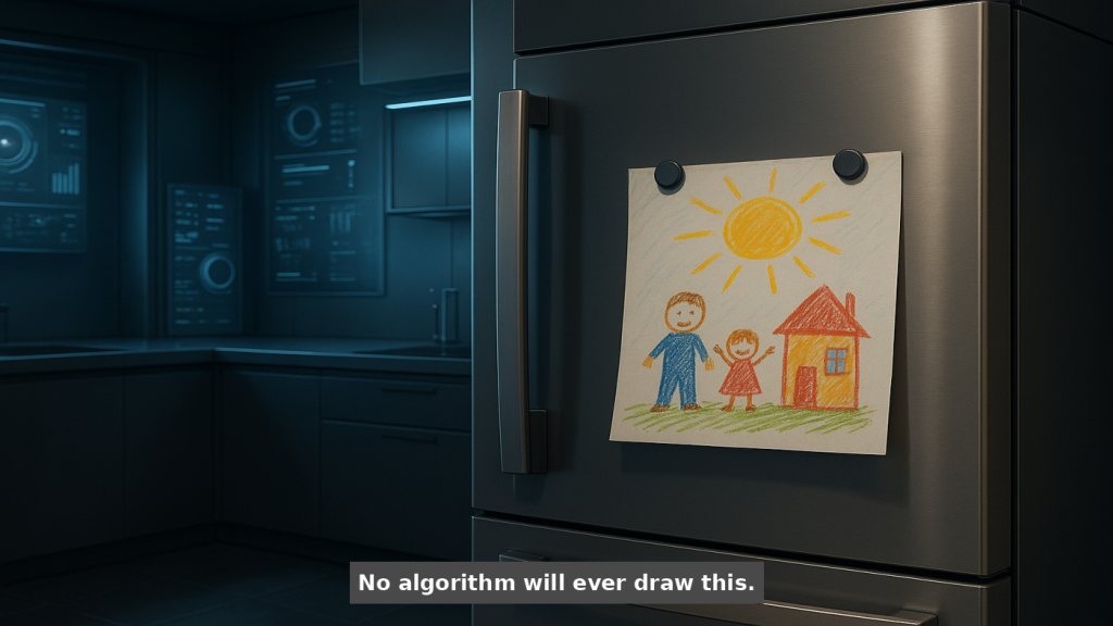 A child's drawing posted on a refrigerator.
